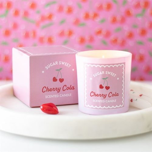 Cherry Cola Scented Candle in pink glass jar, perfect for gifting and setting a fun, romantic mood.