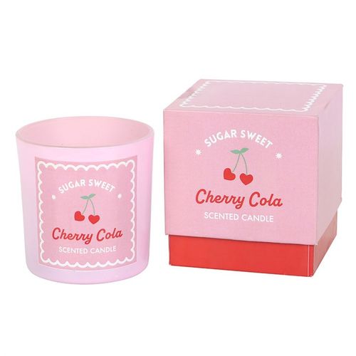 Cherry Cola Scented Candle in pink glass jar, perfect for gifting and setting a fun, romantic mood.