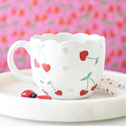 Cherry Heart Scalloped Rim Mug with playful design and elegant scalloped rim, perfect for tea time.