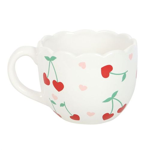 Cherry Heart Scalloped Rim Mug with playful design and elegant scalloped rim, perfect for tea time.