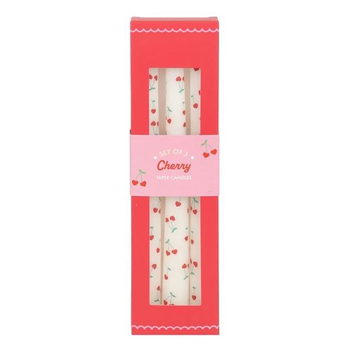 Pack of 3 Cherry Heart Taper Candles with paraffin wax and a sweet cherry heart design.