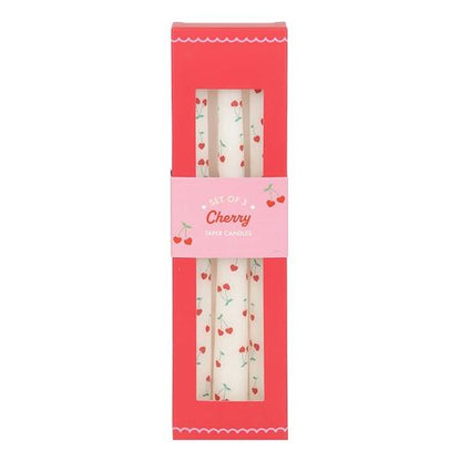 Pack of 3 Cherry Heart Taper Candles with paraffin wax and a sweet cherry heart design.