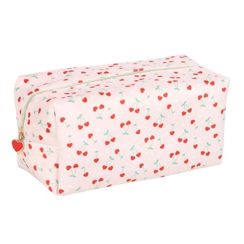 Cherry Heart Zippered Makeup Bag with baby pink background, cherry heart design, and red heart zip.