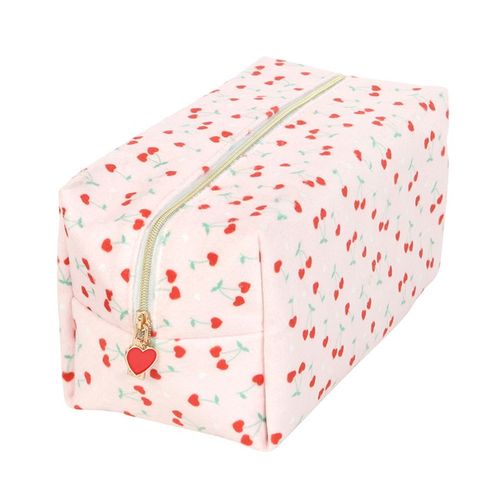 Cherry Heart Zippered Makeup Bag with baby pink background, cherry heart design, and red heart zip.