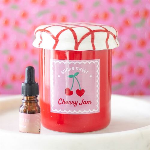 Cherry Red Jam Jar Ceramic Oil Burner with gingham lid, perfect for essential oils and wax melts.