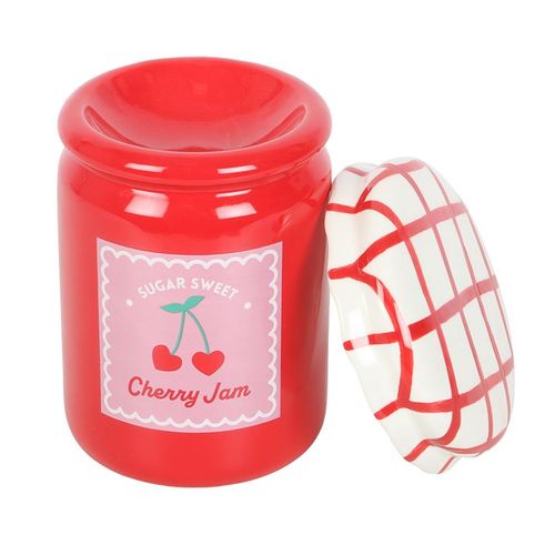 Cherry Red Jam Jar Ceramic Oil Burner with gingham lid, perfect for essential oils and wax melts.