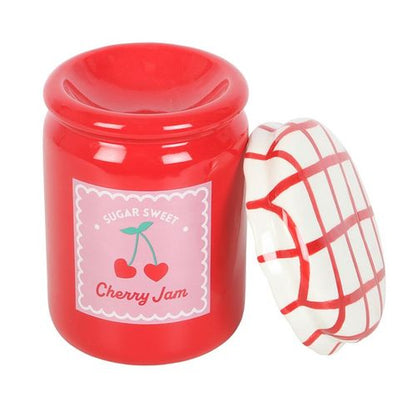 Cherry Red Jam Jar Ceramic Oil Burner with gingham lid, perfect for essential oils and wax melts.