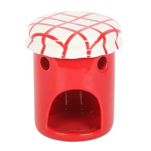 Cherry Red Jam Jar Ceramic Oil Burner with gingham lid, perfect for essential oils and wax melts.