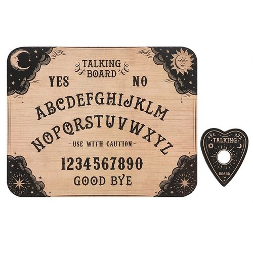 Classic-style talking board with matching planchette, designed for light-hearted spiritual readings.