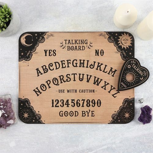 Classic-style talking board with matching planchette, designed for light-hearted spiritual readings.