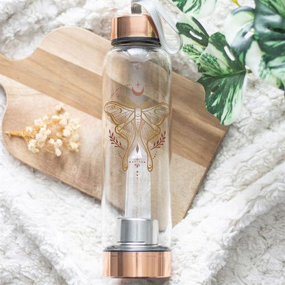 Clear quartz infused glass water bottle with Luna Moth design and stainless steel features