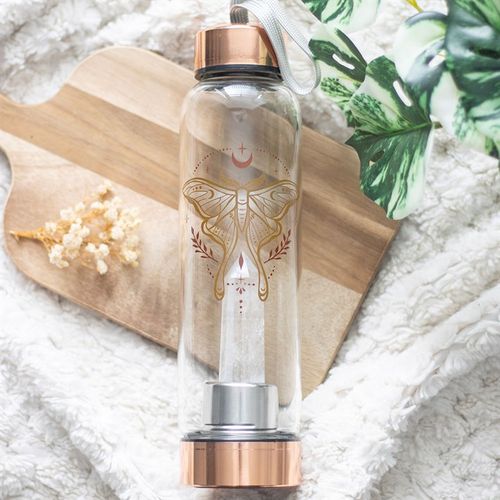 Clear quartz infused glass water bottle with Luna Moth design and stainless steel features