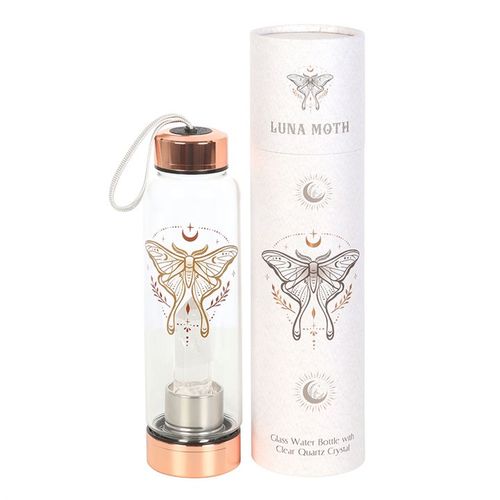 Clear quartz infused glass water bottle with Luna Moth design and stainless steel features