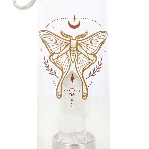 Clear quartz infused glass water bottle with Luna Moth design and stainless steel features