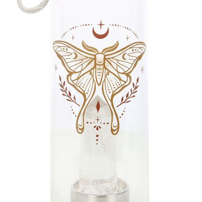 Clear quartz infused glass water bottle with Luna Moth design and stainless steel features