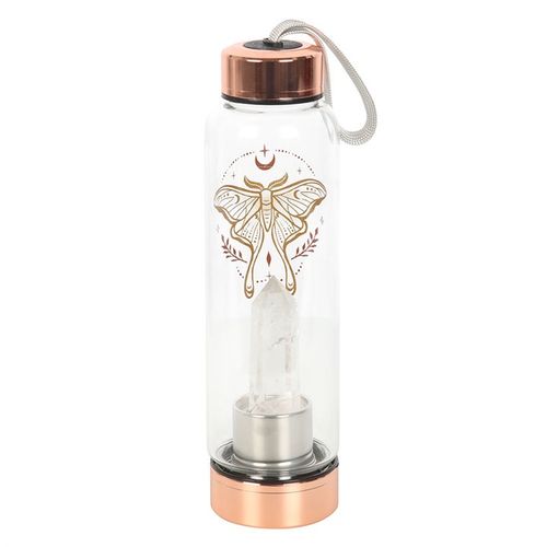 Clear quartz infused glass water bottle with Luna Moth design and stainless steel features