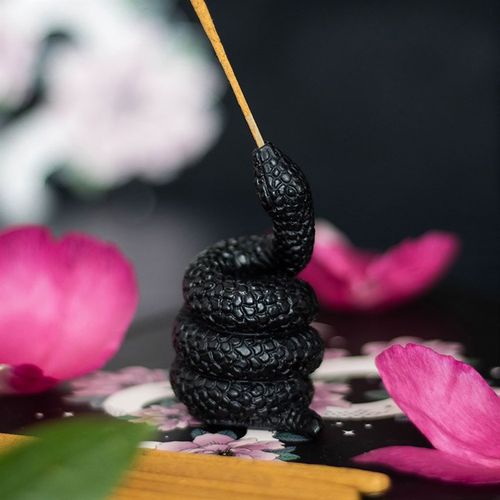 Coiled Snake Incense Holder with detailed scale texture, crafted in resin for a dark and elegant decor.