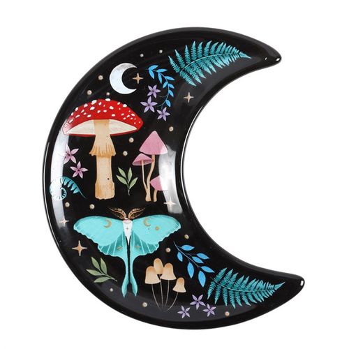 Crescent moon trinket dish with nocturnal landscape illustrations, colourful flora, fauna, and golden star details.