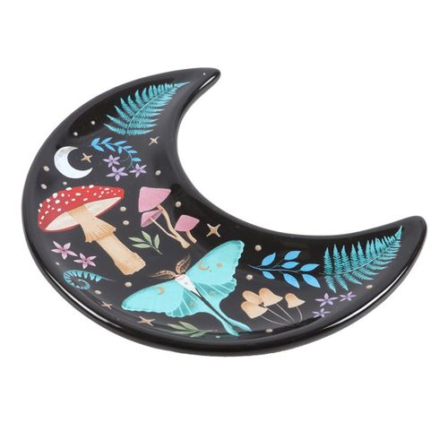 Crescent moon trinket dish with nocturnal landscape illustrations, colourful flora, fauna, and golden star details.