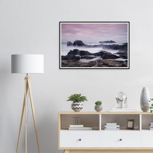 Framed print of Godrevy Lighthouse in Cornwall with misty sea