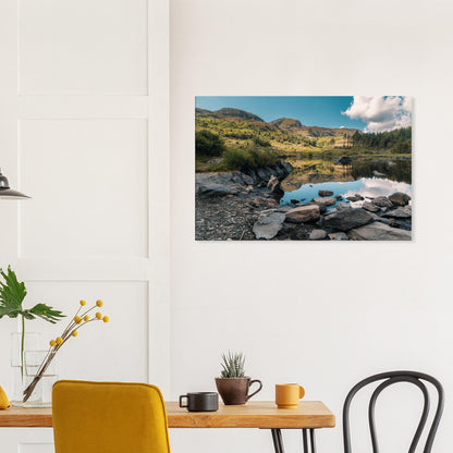 Shoreline rocks and mirrored sky in tranquil lake print