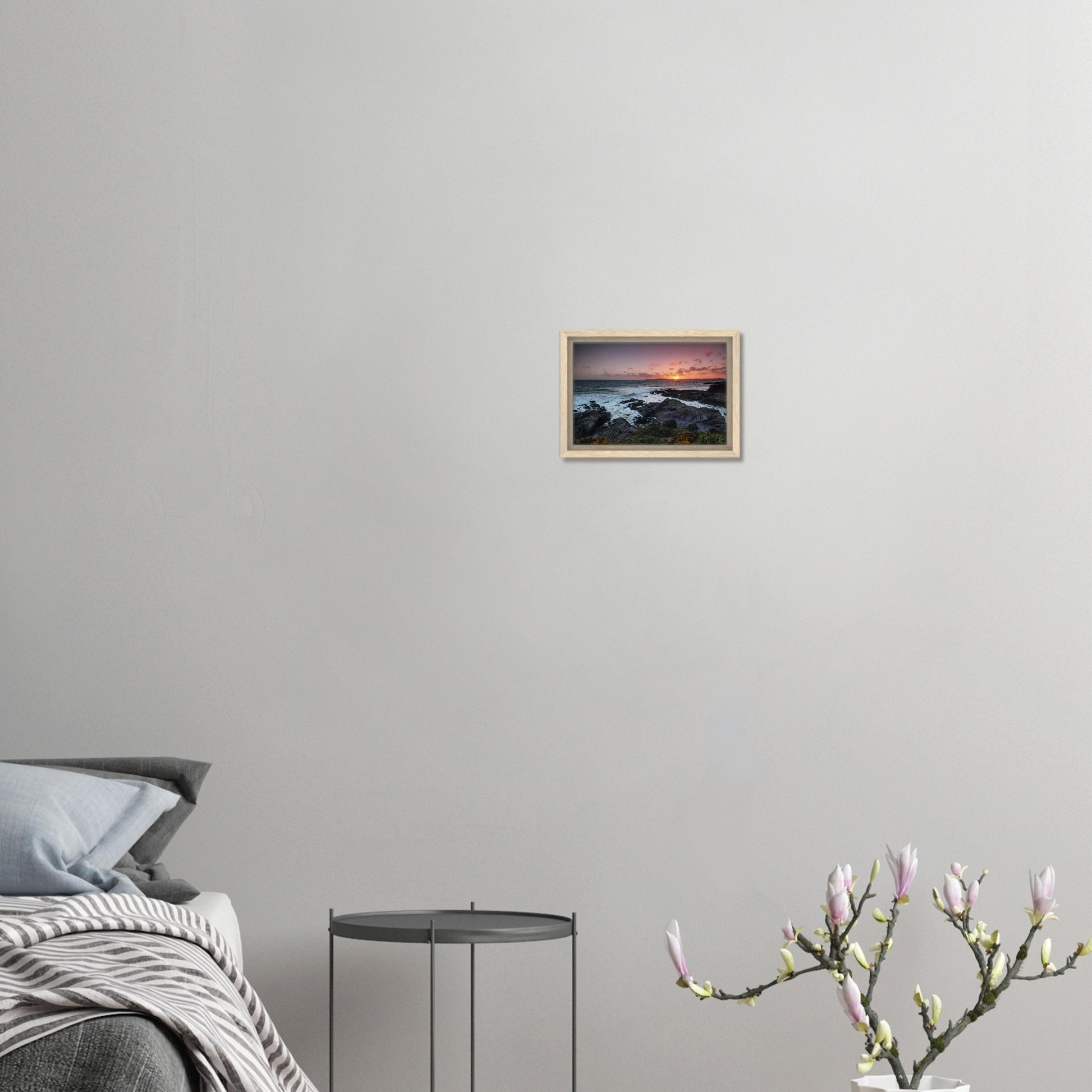 Soft glow of sunset over sea and rocks in Heybrook Bay print