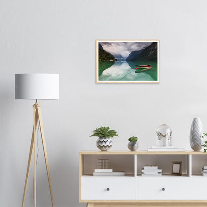 Scenic framed wall art of Lovatnet Lake emerald water