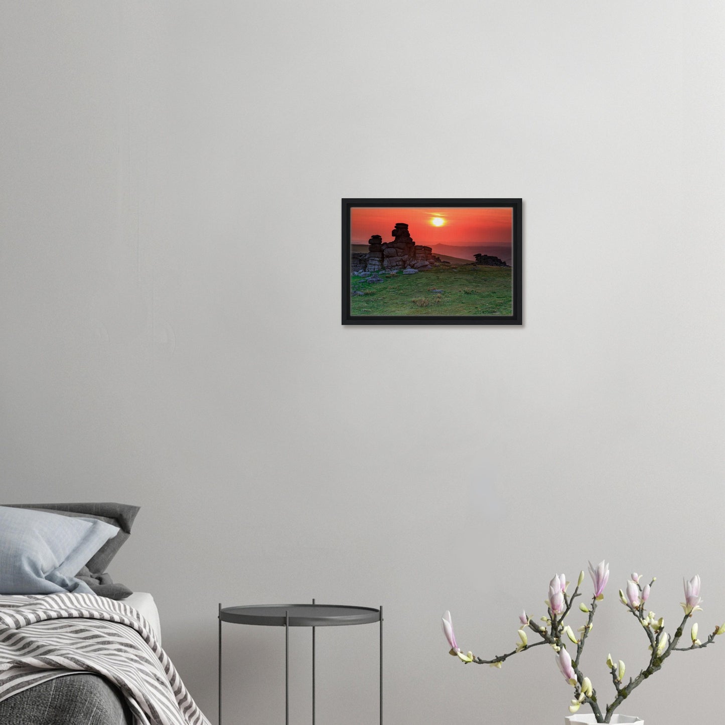 Dramatic silhouette of Dartmoor tor in fiery sunset canvas