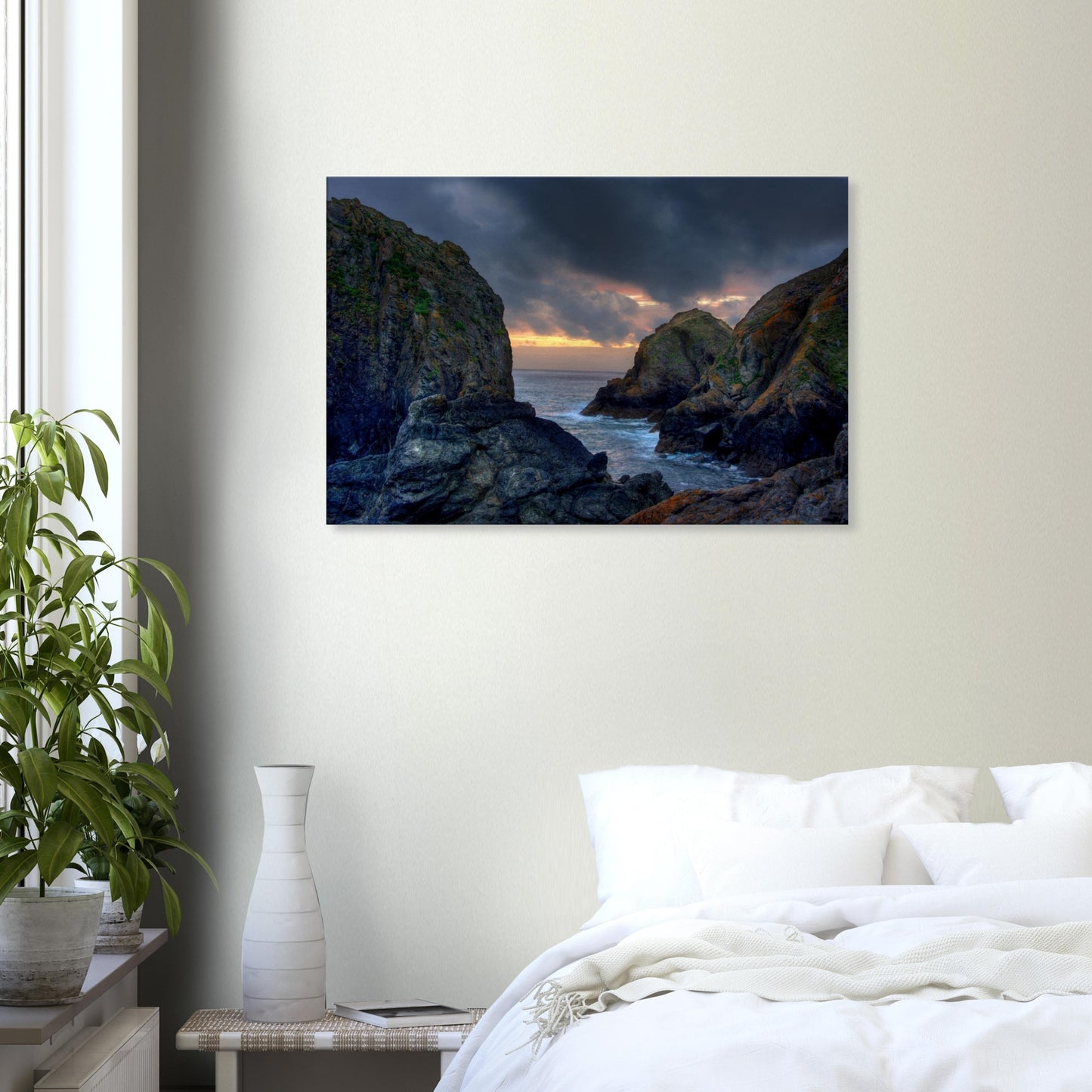 Sunset shadows and warm light at Mullion Cove on canvas