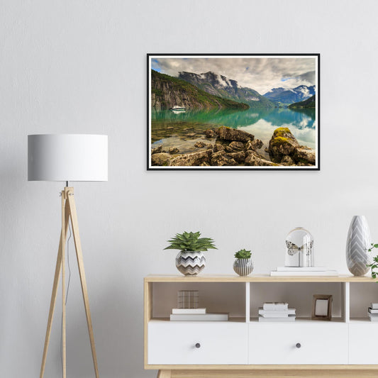 Framed print of Strynevatnet Lake in Norway with misty mountains