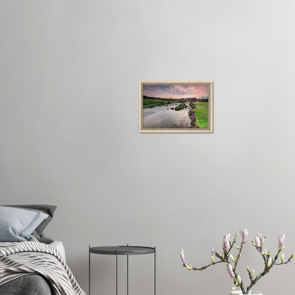Framed landscape canvas of Dartmoor at dawn with historic stonework