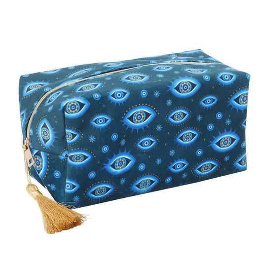 Velvet cosmetic bag with mystical eye print and gold tassel zip