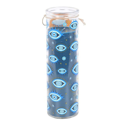 Mystical candle in glass tube packaging with celestial eye print