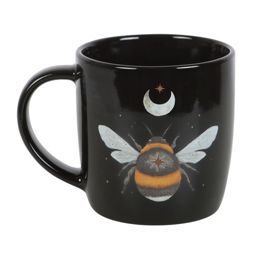 Black ceramic mug with dark forest bee design, crescent moon, and stars. 340ml capacity.