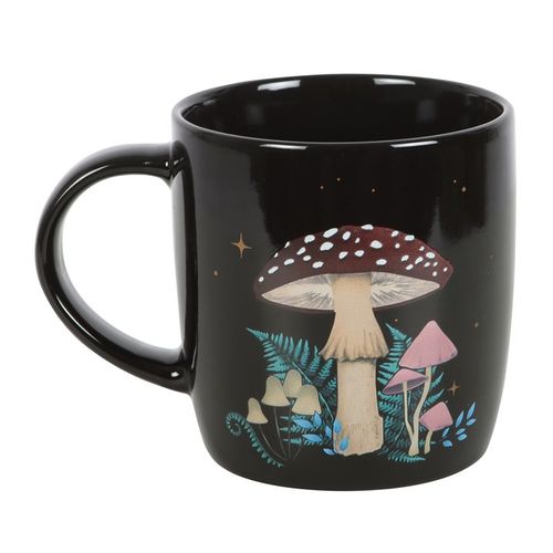 Black ceramic mug with dark forest mushroom design, crescent moon, and stars. 340ml capacity.