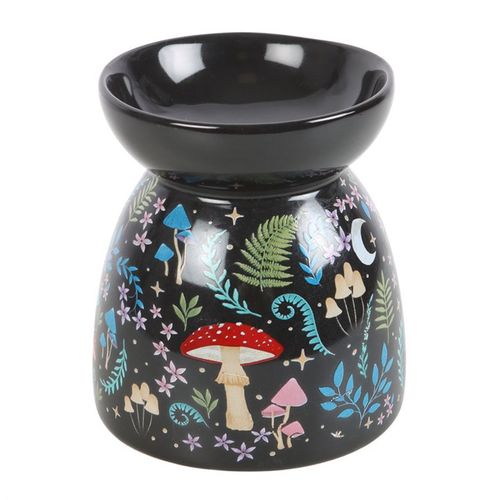 Black oil burner with dark forest design, featuring flora, fauna, and moonlit details.