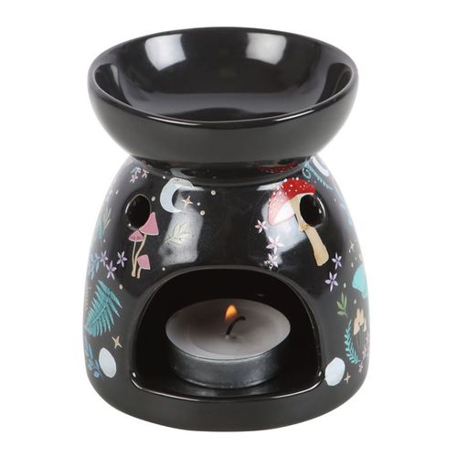 Black oil burner with dark forest design, featuring flora, fauna, and moonlit details.