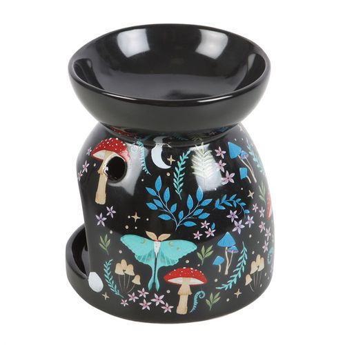 Black oil burner with dark forest design, featuring flora, fauna, and moonlit details.