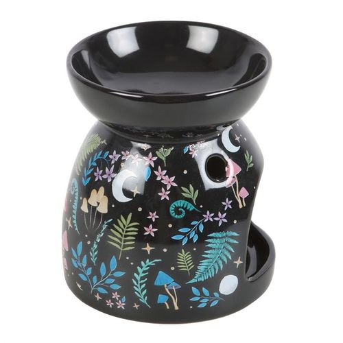 Black oil burner with dark forest design, featuring flora, fauna, and moonlit details.