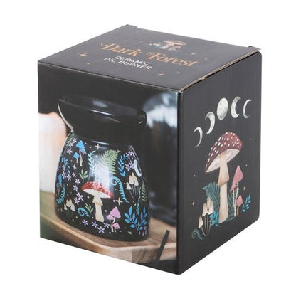 Black oil burner with dark forest design, featuring flora, fauna, and moonlit details.