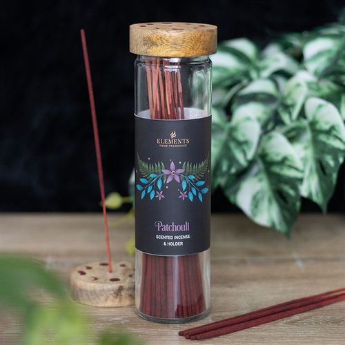 Dark Forest patchouli incense set with floral design and wooden lid holder