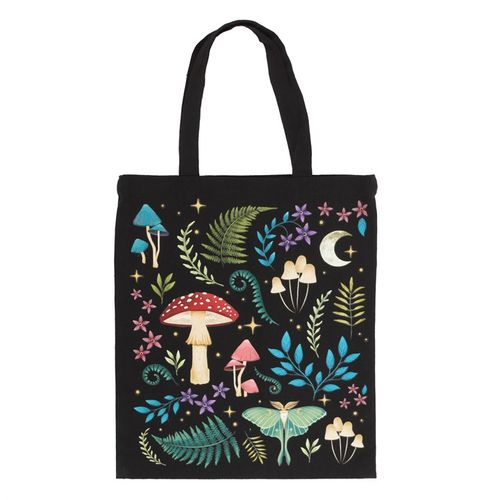 Black cotton canvas tote bag featuring an ethereal dark forest design with mushrooms, luna moth, and magickal plants.