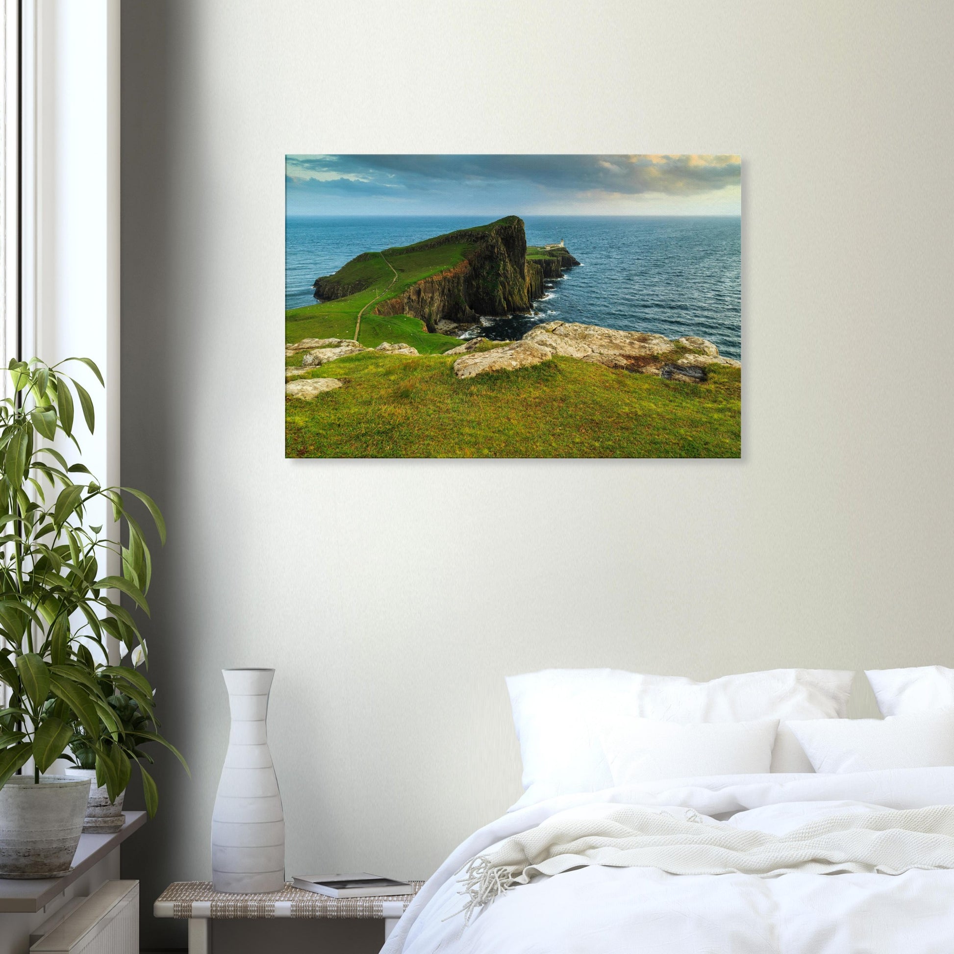 Isle of Skye canvas print showcasing Neist Point’s dramatic cliffs and remote lighthouse under vast skies.