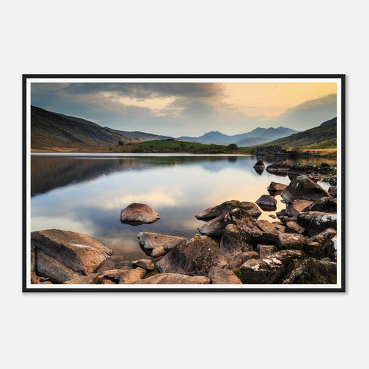 Scenic framed wall art of Llynnau Mymbyr sunset reflections
