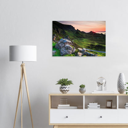 Vibrant sunset landscape canvas of The Quiraing with glowing sky, rocky formations, and green hills on the Isle of Skye.