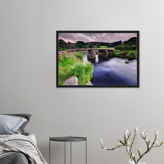 Framed canvas print of clapper bridge at Postbridge, Dartmoor