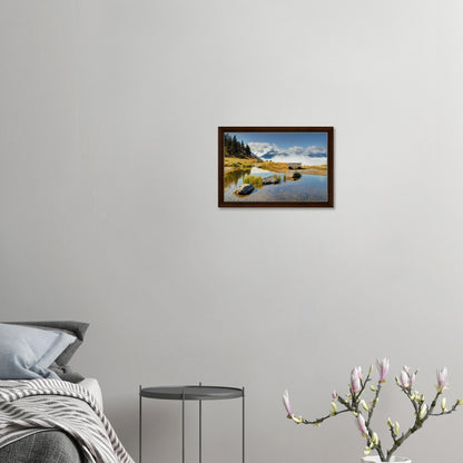 Framed canvas of Panoramabahn with still water and distant peaks