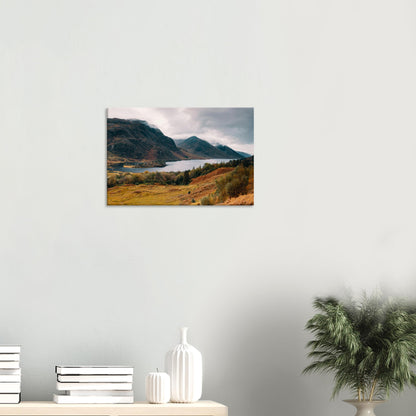 Scottish loch and mountains in golden autumn light on canvas