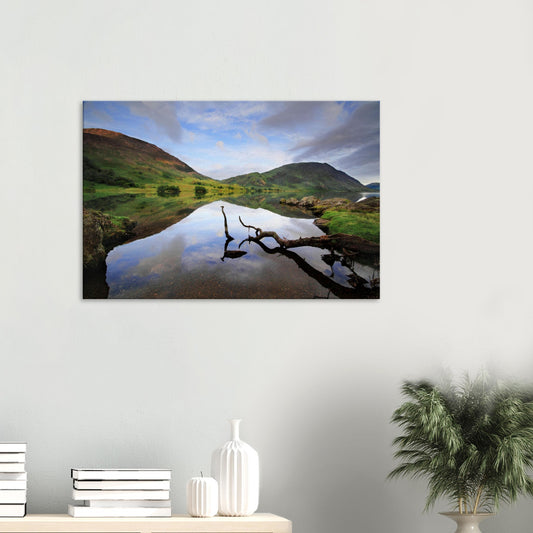 Canvas print of Crummock Water in the Lake District with a solitary branch in the foreground and still water reflecting soft skies and surrounding fells.