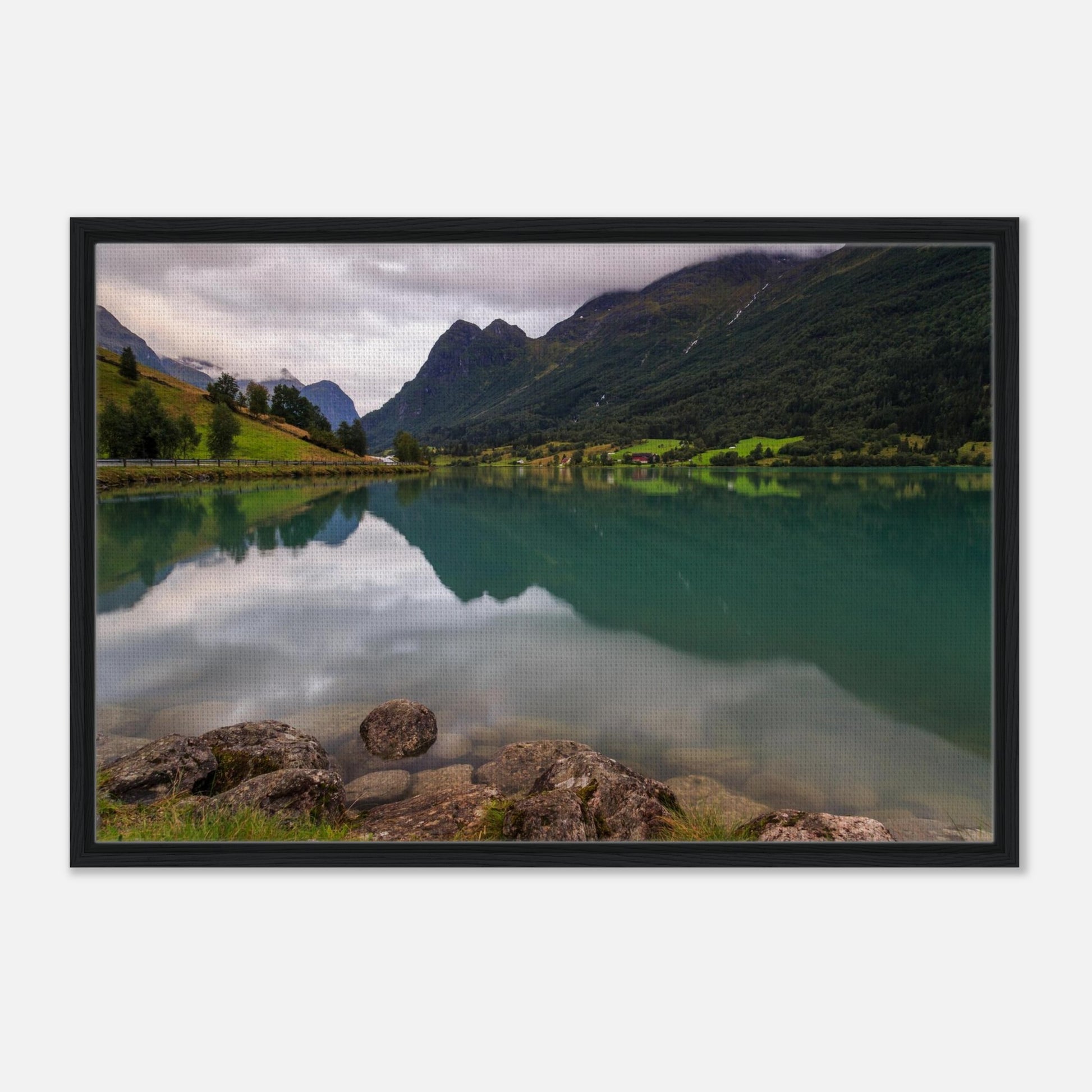 Calm waters of Lake Floen mirroring cloudy sky in wall art